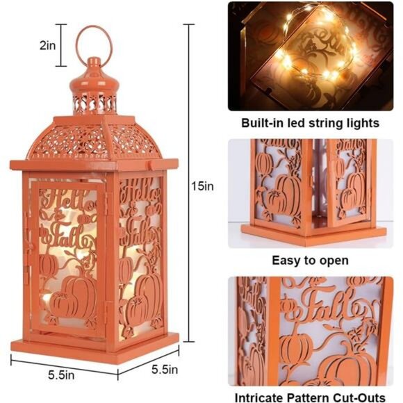 Fall Decorations for Home, Orange Decorative Candle Lantern for Tabletop Mantle - Picture 3 of 8